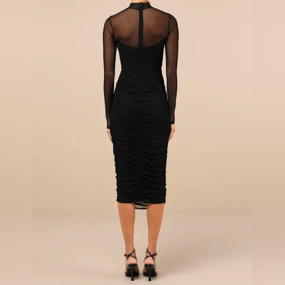 Lulus Impressive Flirt Black Mesh Ruched Mock Neck Midi Dress XXS - Picture 11 of 11